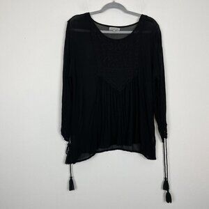 World Market Black Sheer Embroidered Top Tassled Sleeves Size Small Medium